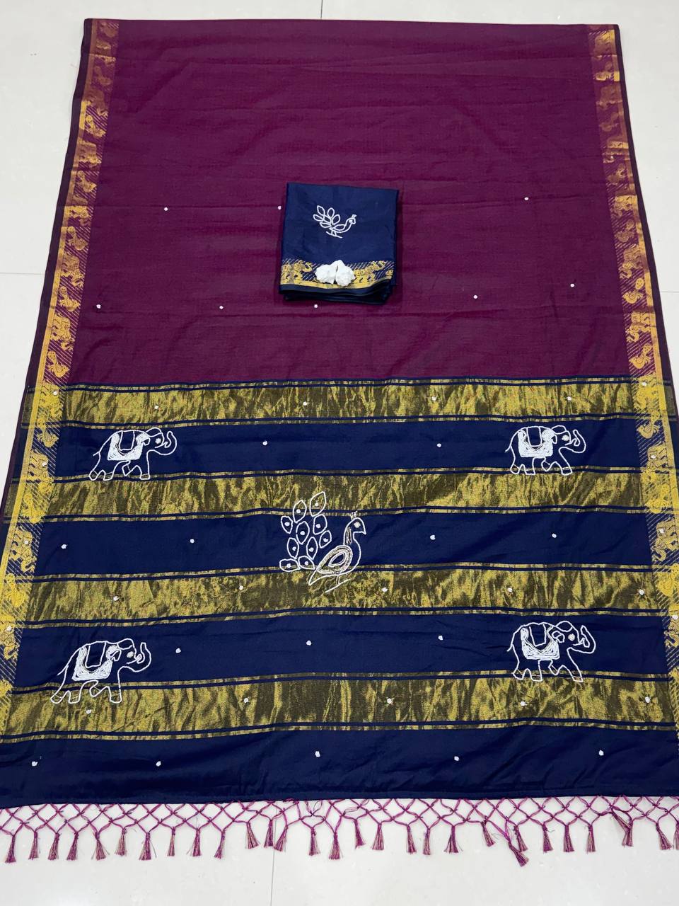 Traditional Cotton Saree with Peacock, Elephant Embroidery & Designer Blouse - RANI PINK