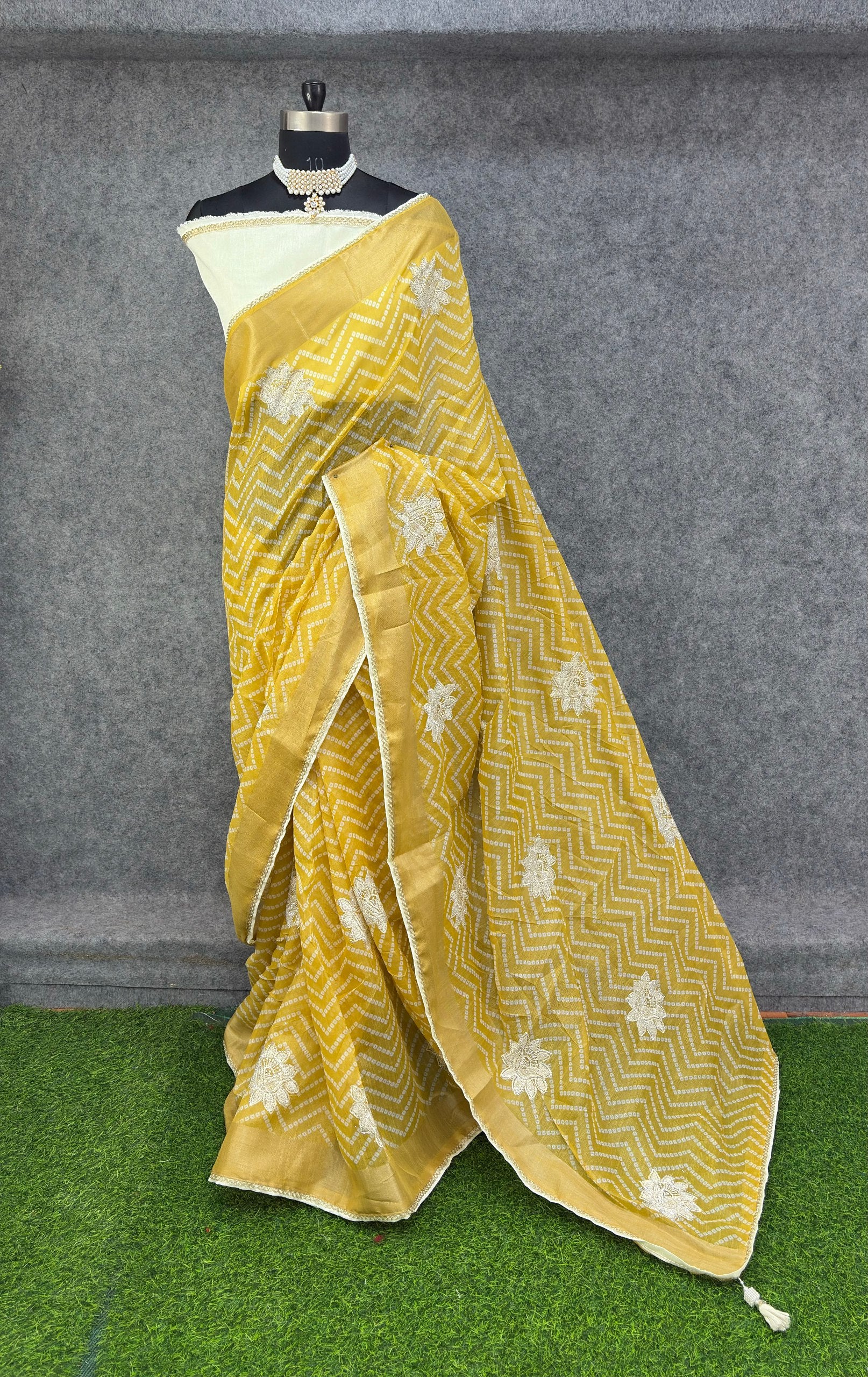 Elegant  Zigzag Designer Saree with Floral Buti Work -YELLOW & SILVER