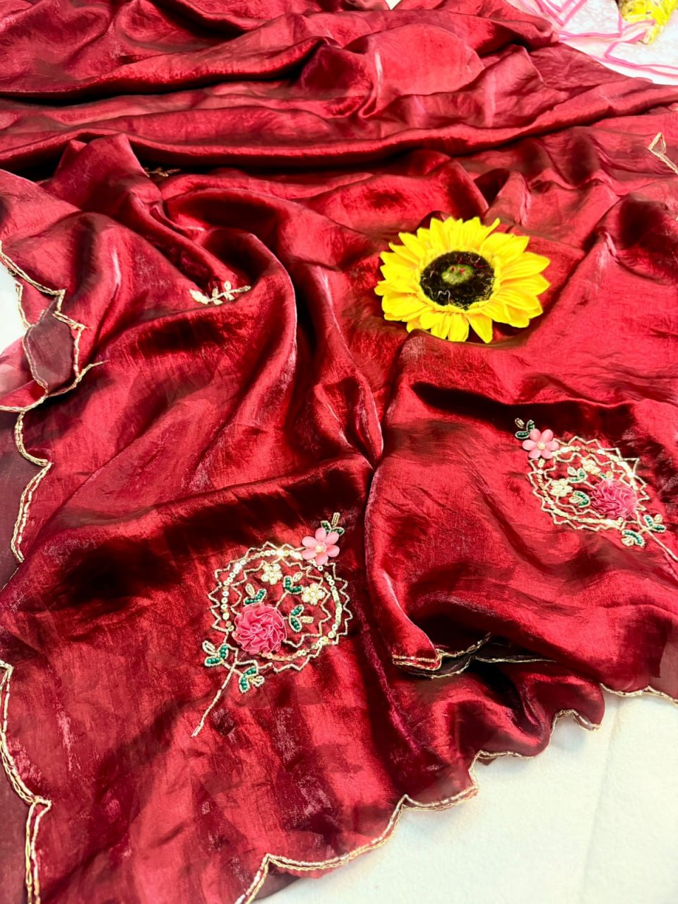 Designer Fandy Satin Saree with Khatli Cutdana Handwork & Arco Border – RED