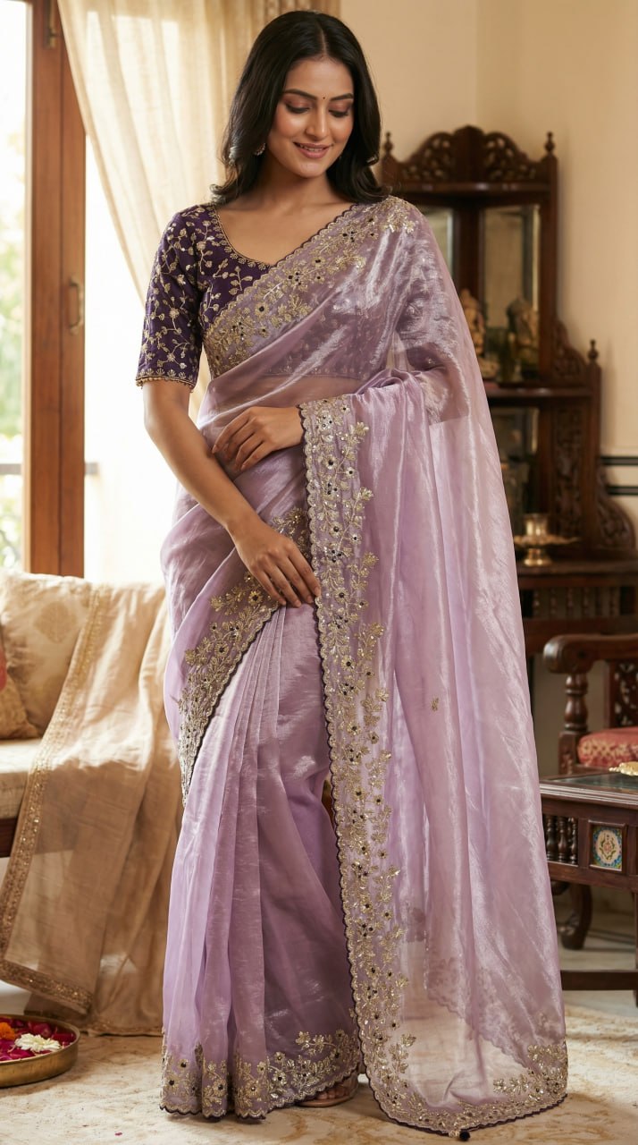 Designer Fandy Satin Saree with 3mm Sequins Pallu & Cutwork Border – LIGHT PURPLE
