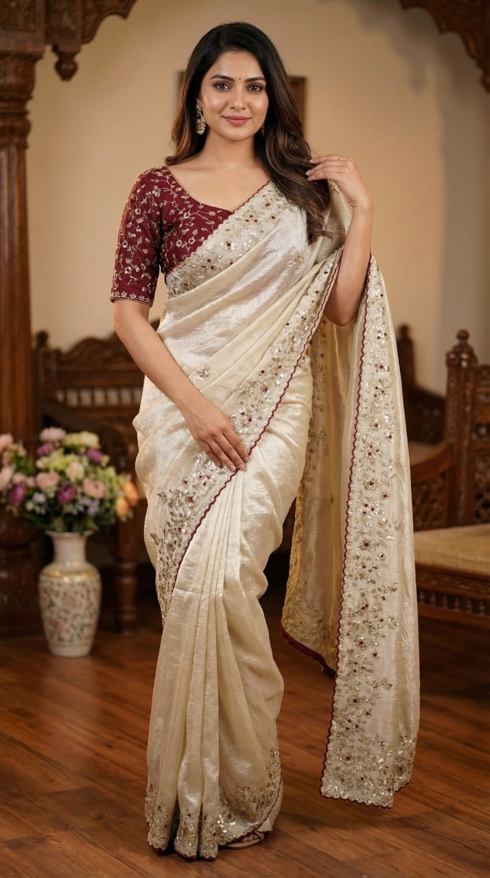 Designer Fandy Satin Saree with 3mm Sequins Pallu & Cutwork Border – WHITE