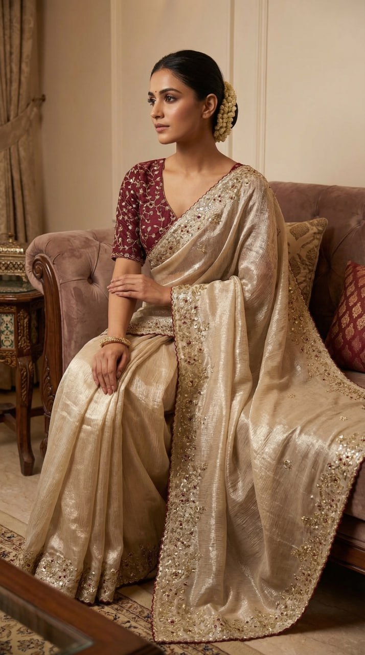 Designer Fandy Satin Saree with 3mm Sequins Pallu & Cutwork Border – CREAM