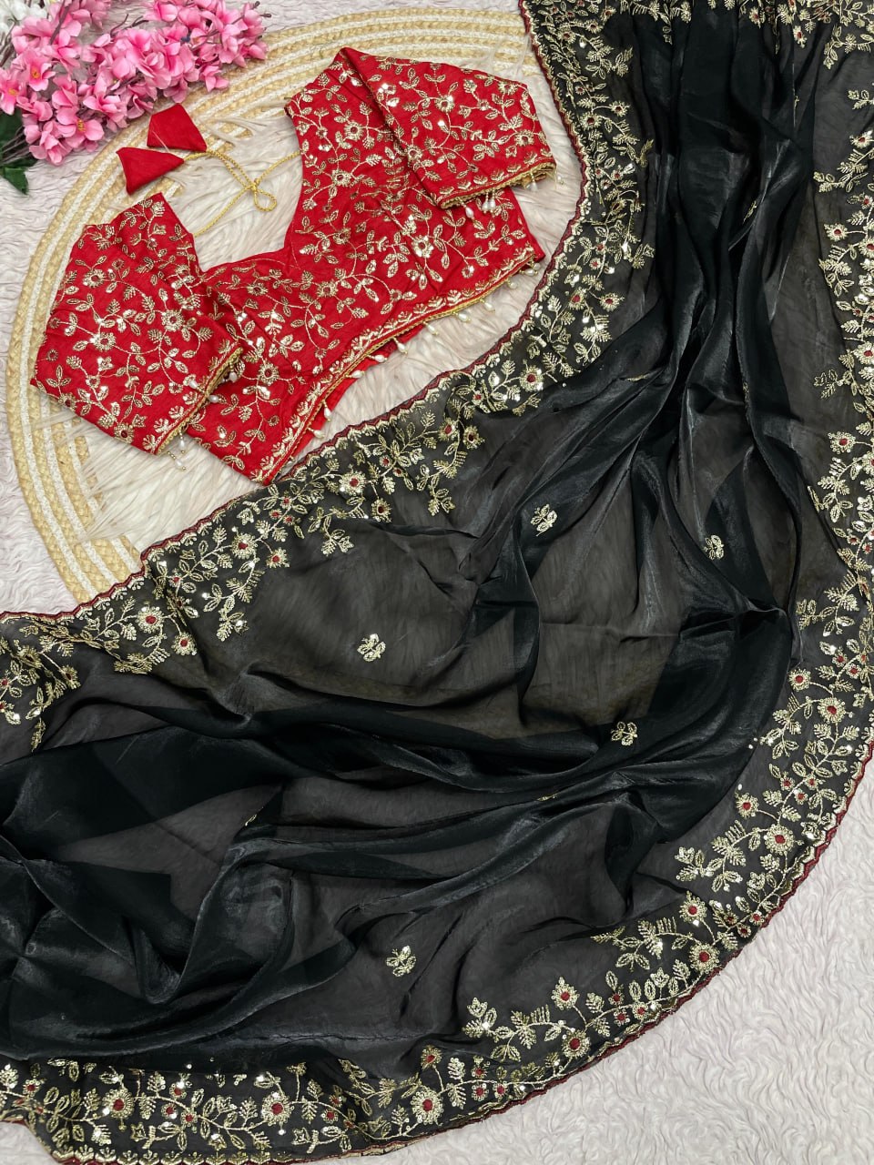 Designer Fandy Satin Saree with 3mm Sequins Pallu & Cutwork Border – BLACK