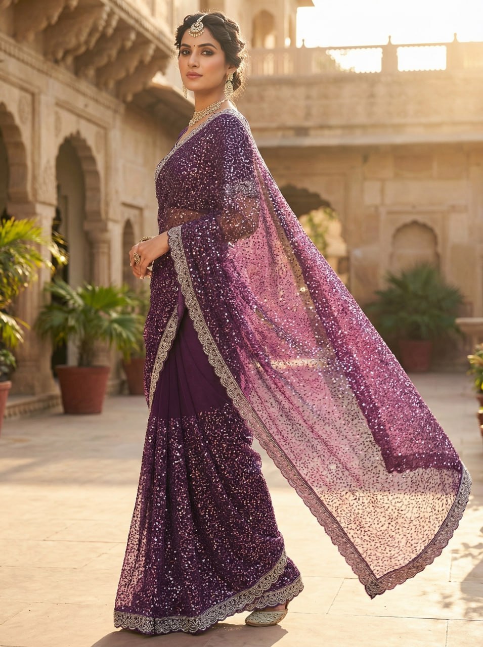 Elegant Pure Soft Net Saree with Original Beads Work & Designer Cutwork Border -WINE