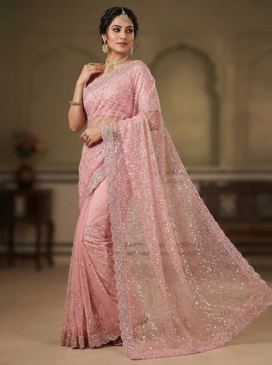 Elegant Pure Soft Net Saree with Original Beads Work & Designer Cutwork Border -PINK