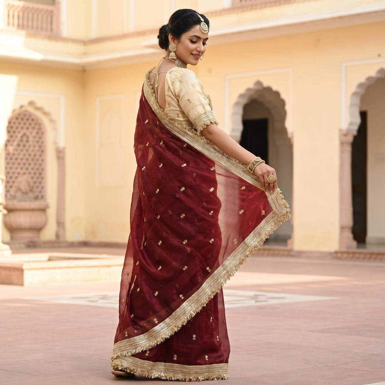 Elegant Fandy Satin Saree with Sequins Butti & Designer Lace Border -MAROON