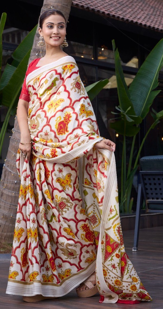 Elegance Premium Soft Tusser Floral Printed Designer Saree with Rich Heavy Weaving Border & Contrast Blouse Piece -OFF WHITE