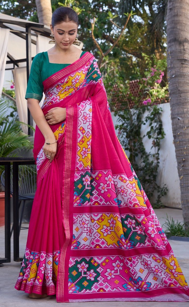 Elegance Premium Soft Tusser Floral Printed Designer Saree with Rich Heavy Weaving Border & Contrast Blouse Piece -PINK