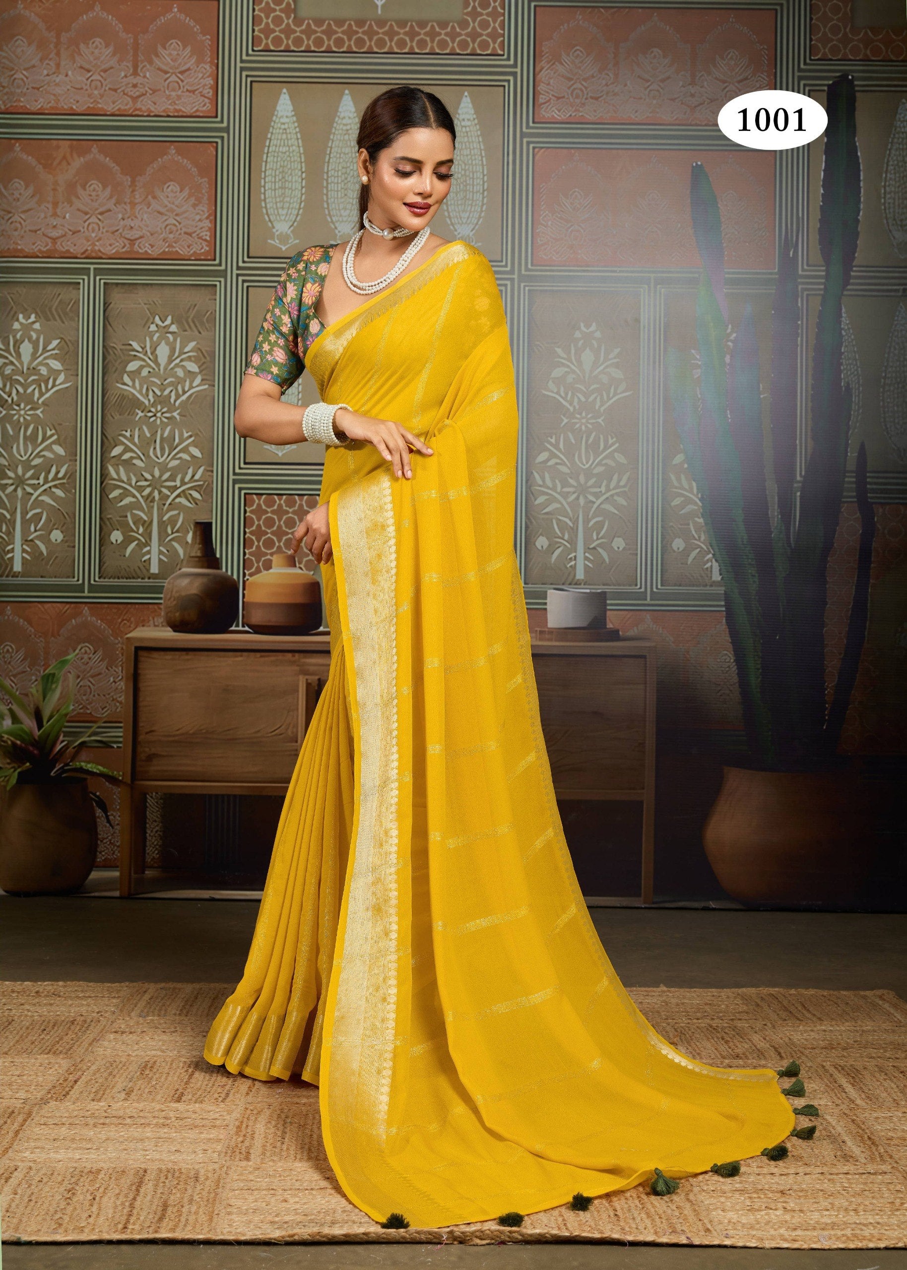 Premium Tusser Weaving Saree with Zari Border & Digital Blouse - YELLOW