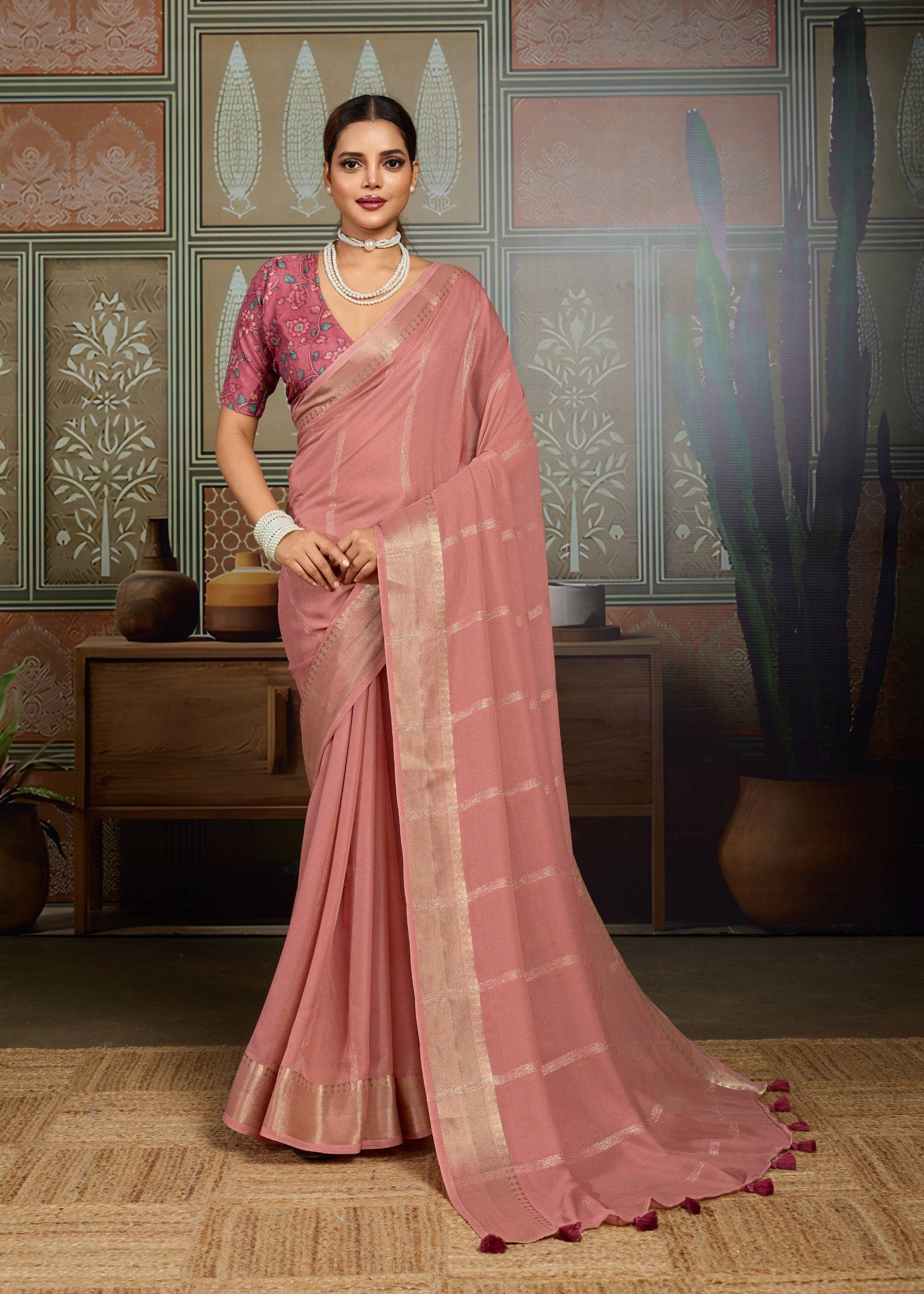 Premium Tusser Weaving Saree with Zari Border & Digital Blouse - PEACH