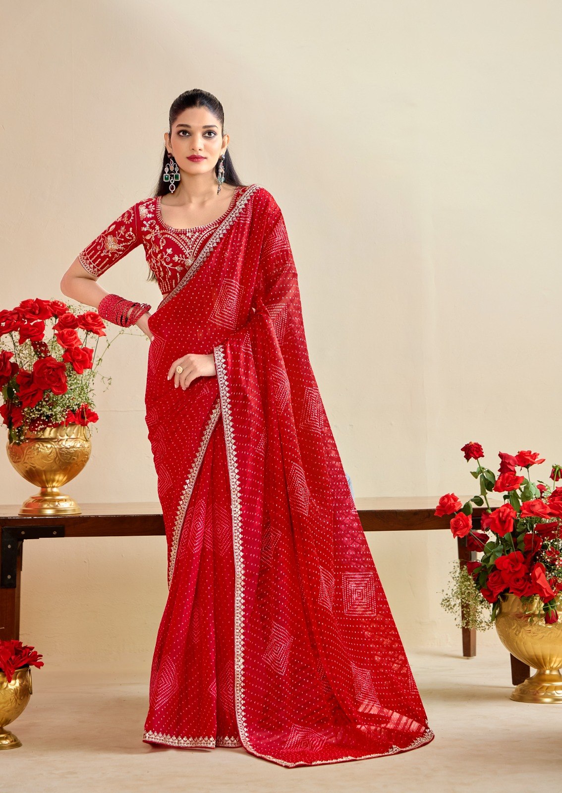 Premium Georgette Bandhani Print Saree with Sequin Embroidery Border & Heavy Designer Blouse - RED