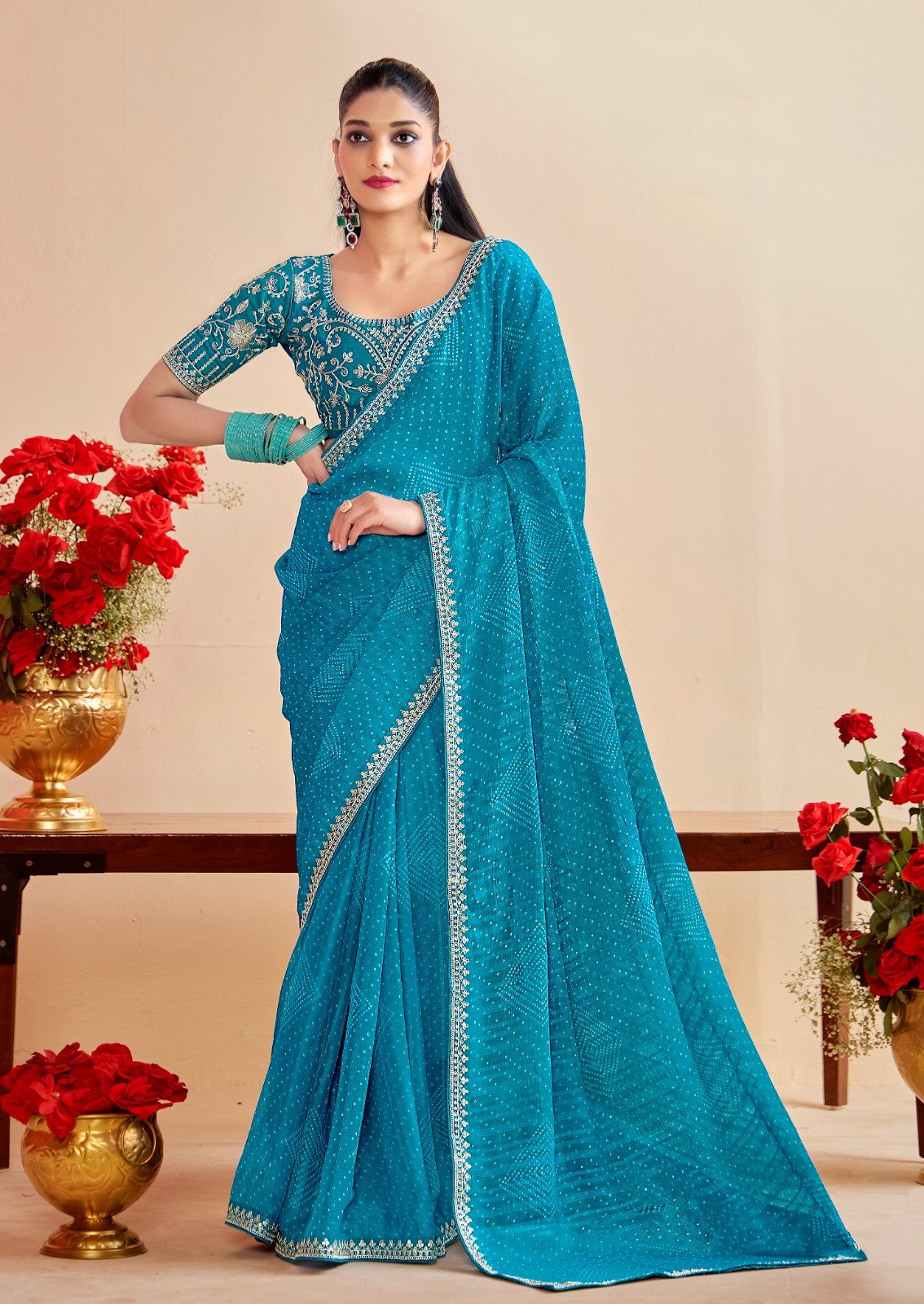 Premium Georgette Bandhani Print Saree with Sequin Embroidery Border & Heavy Designer Blouse - SKY