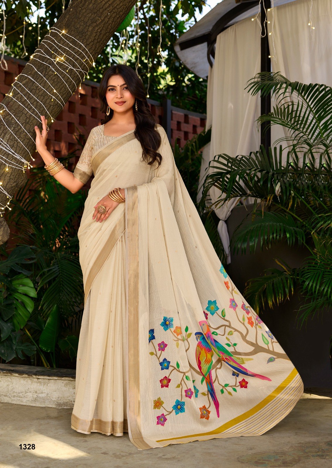 Premium Chinno Viscose Saree with Zari Butti & Parrot Foil Pallu - OFF WHITE