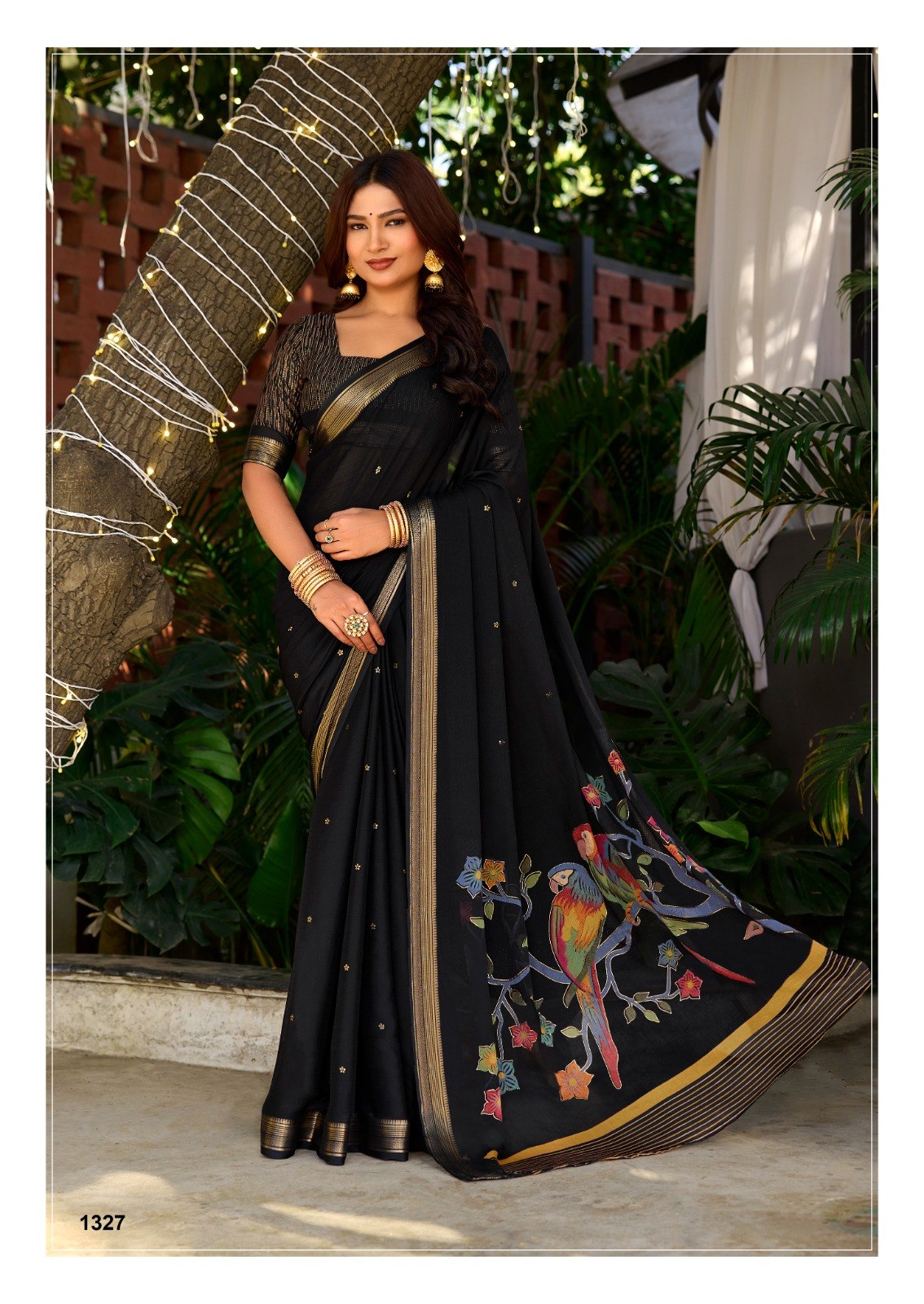 Premium Chinno Viscose Saree with Zari Butti & Parrot Foil Pallu - BLACK