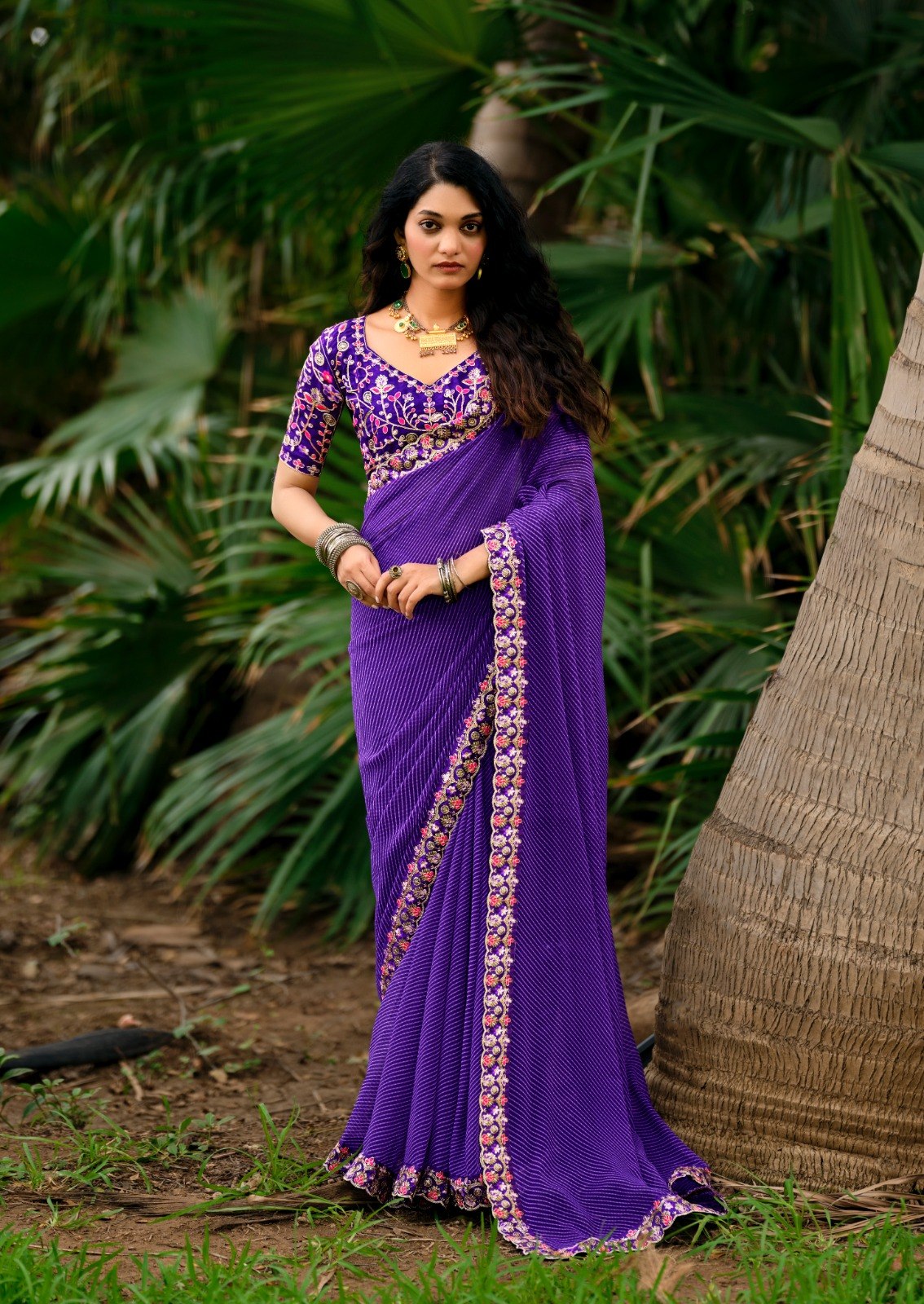 Premium Georgette Leheriya Mothda Print Saree with Embroidery Sequence Lace Border & Designer Blouse Piece - PURPLE