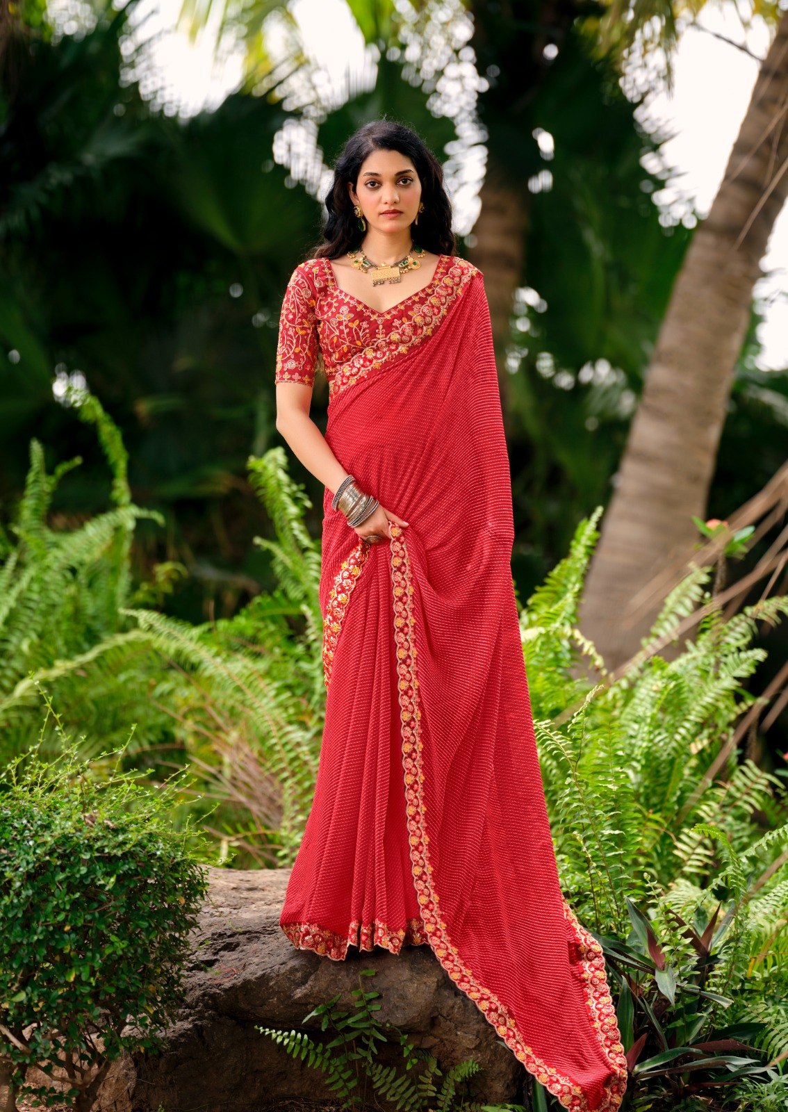 Premium Georgette Leheriya Mothda Print Saree with Embroidery Sequence Lace Border & Designer Blouse Piece -RED