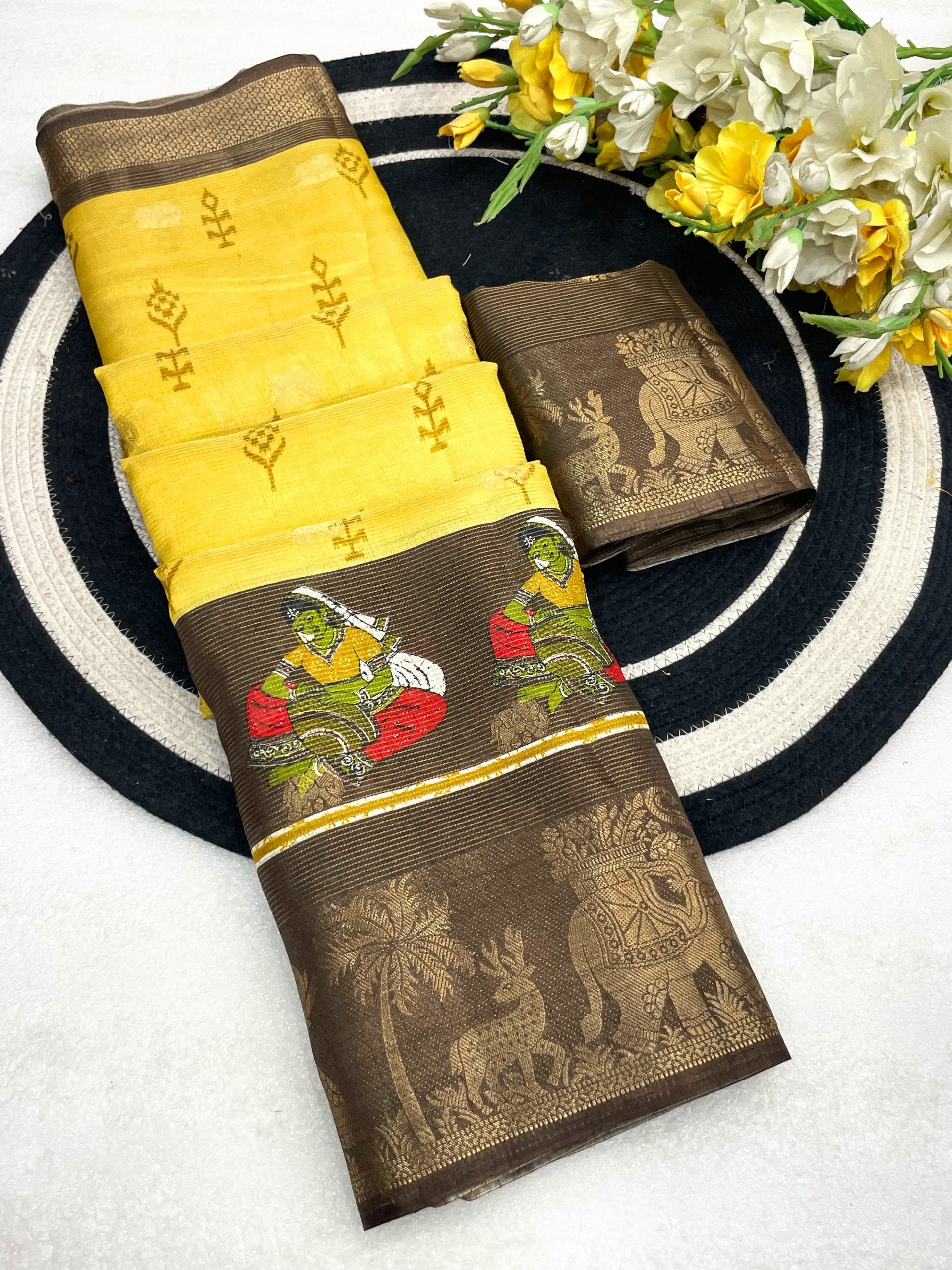 Elegant Two-Tone Floral Moss Mellow Saree with Jacquard Border & Designer Blouse - YELLOW