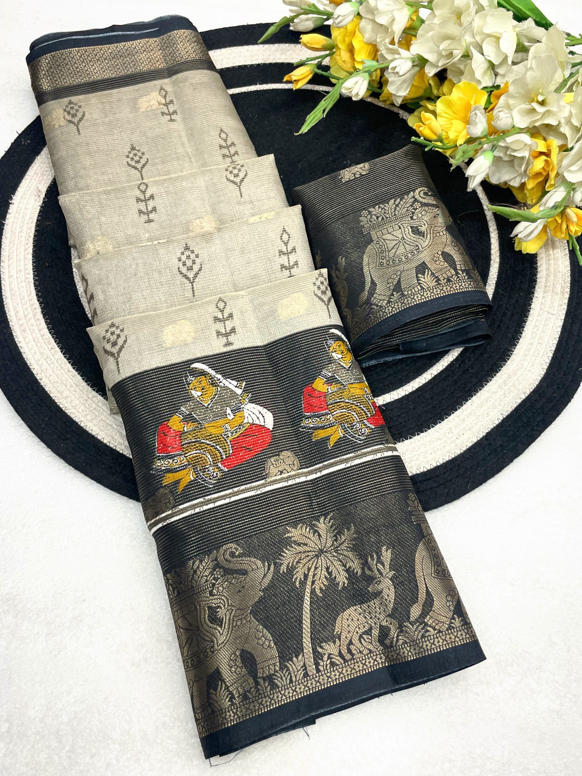 Elegant Two-Tone Floral Moss Mellow Saree with Jacquard Border & Designer Blouse -GREY